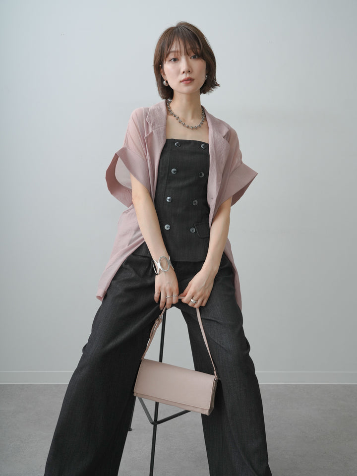 [SET]ダブルボタンビスチェトップス＆ドレープタックパンツSET UP(2SET)+シアーオーバー半袖ジャケット(2set)
