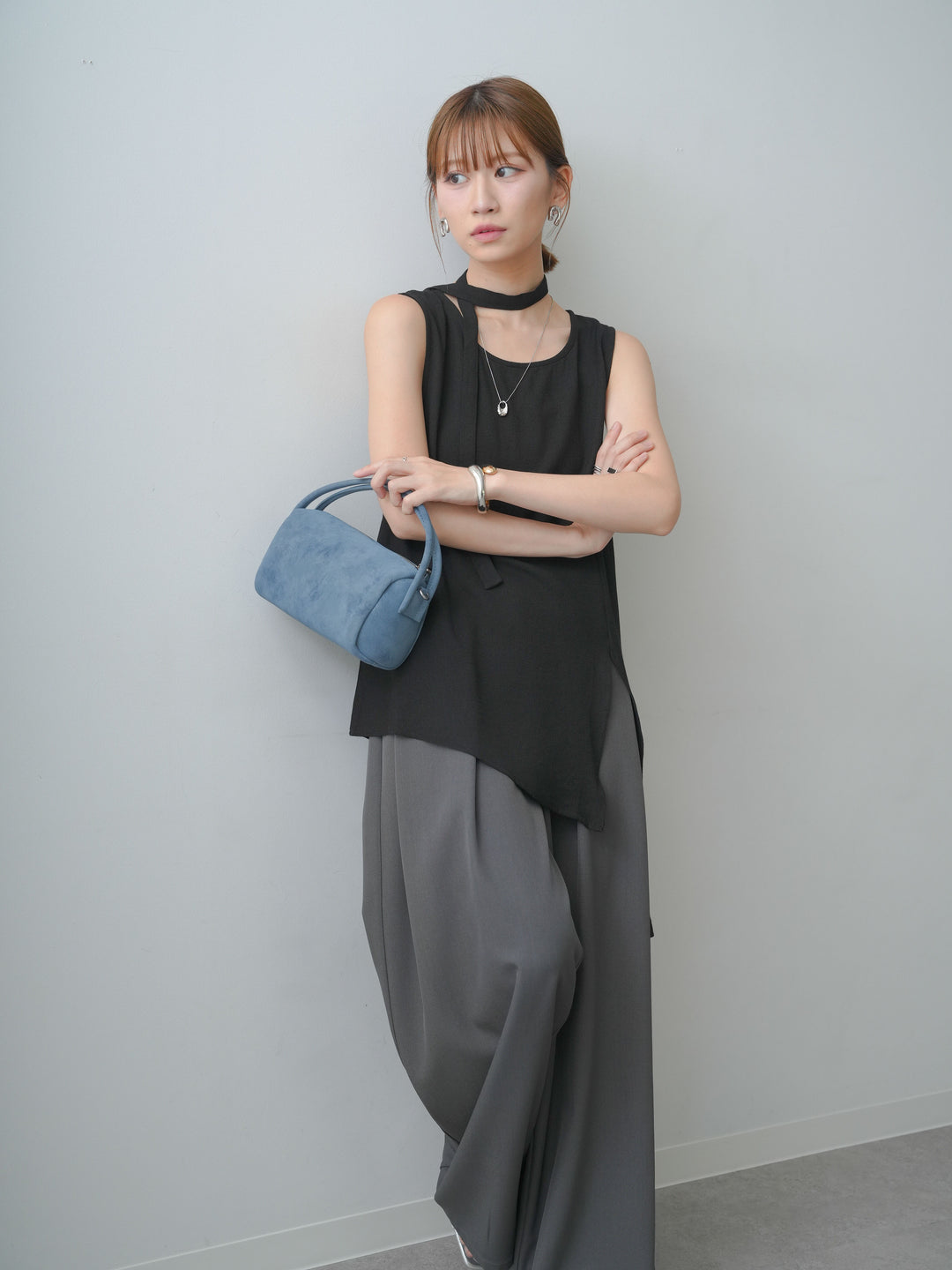 [SET]タイ付アシメヘムノースリトップス+ベルトループデザインワイドパンツ(2set)