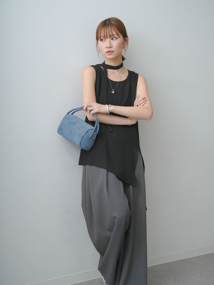 [SET]タイ付アシメヘムノースリトップス+ベルトループデザインワイドパンツ(2set)