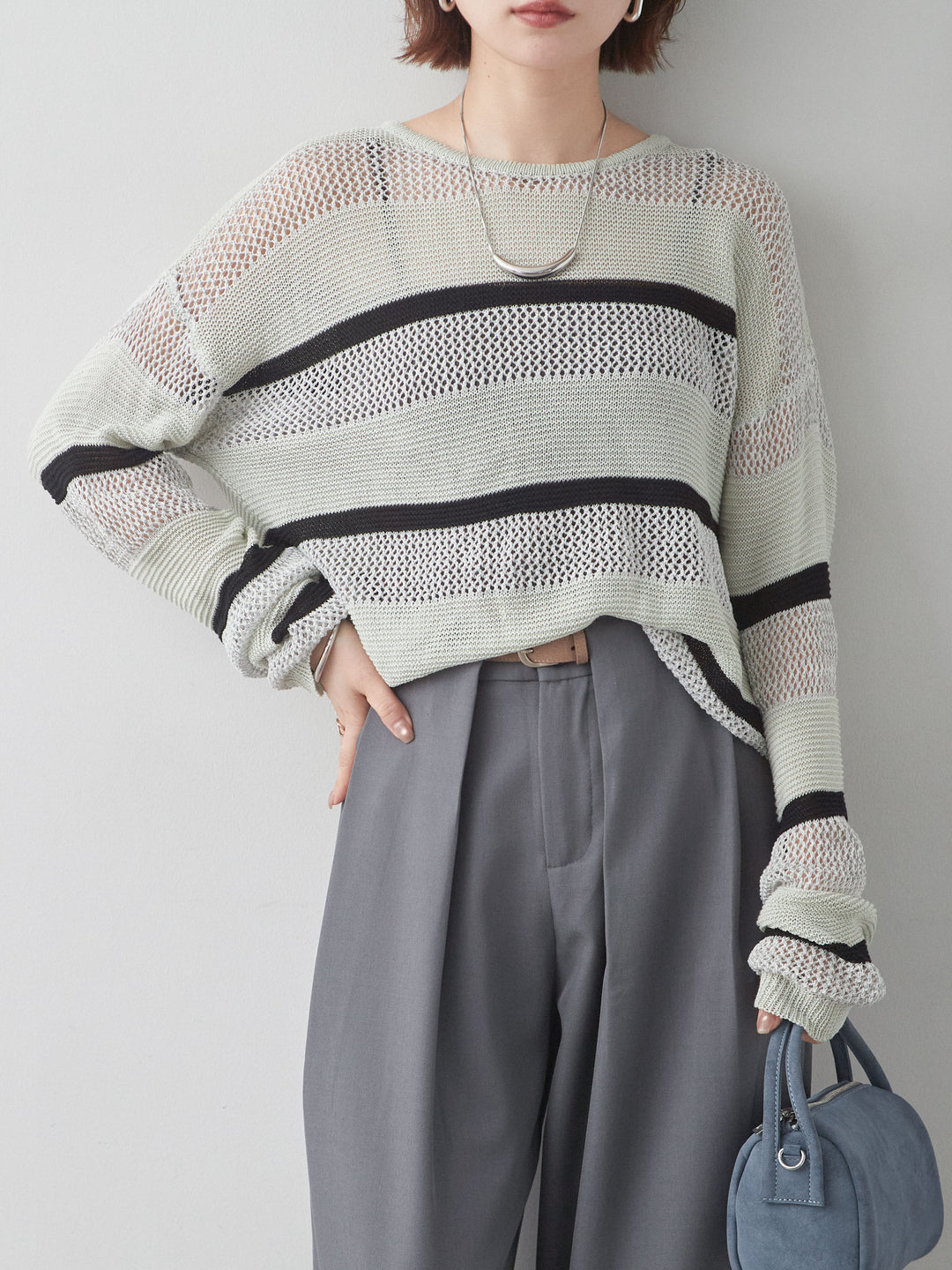 [予約]マルチボーダーメッシュニットトップス/lightgray