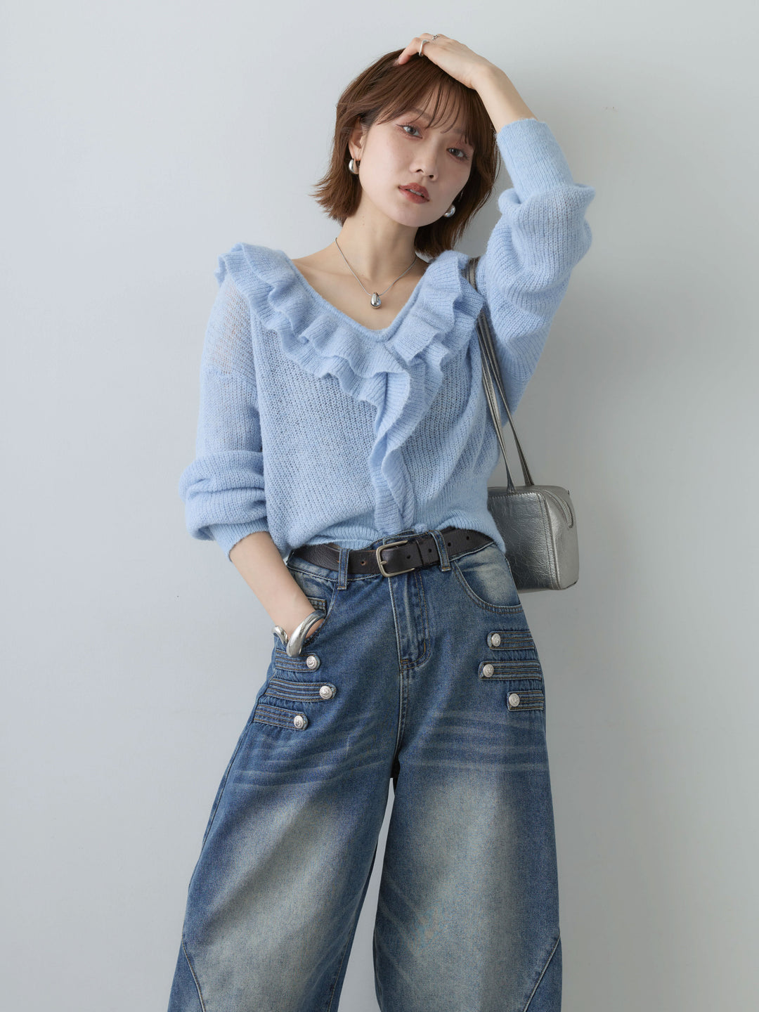 [SET]フリルネックモヘアニットトップス+フリルネックモヘアニットトップス(2set)