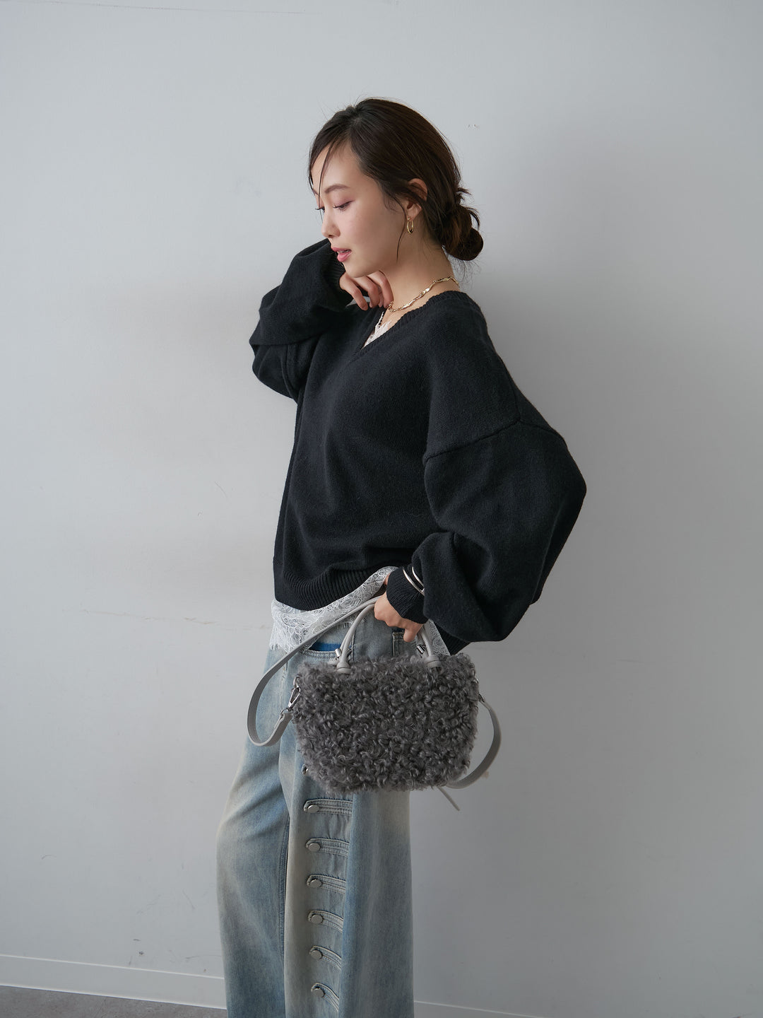 [SET]アルパカタッチレースドッキングVネックニットトップス+選べるアクセセット(2set)