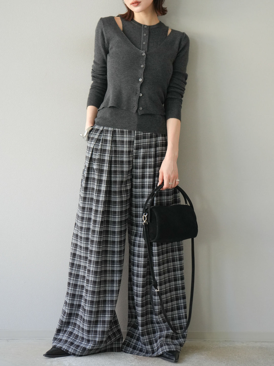 [予約]レイヤードデザインニットカーディガン/チャコール