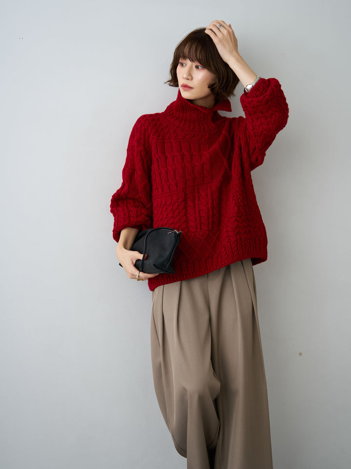 [予約]ネックボタンミックスケーブルニットトップス/red