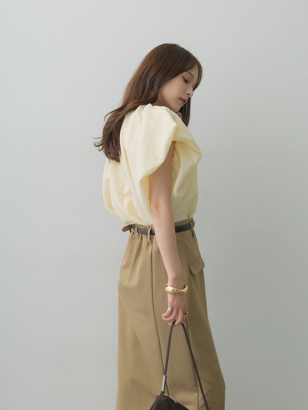 [SET]フレンチタックバルーンブラウス+クレープデシンフラップ付きストレートスカート(2set)