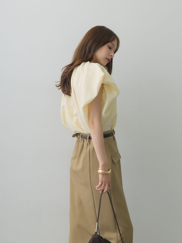 [SET]フレンチタックバルーンブラウス+クレープデシンフラップ付きストレートスカート(2set)