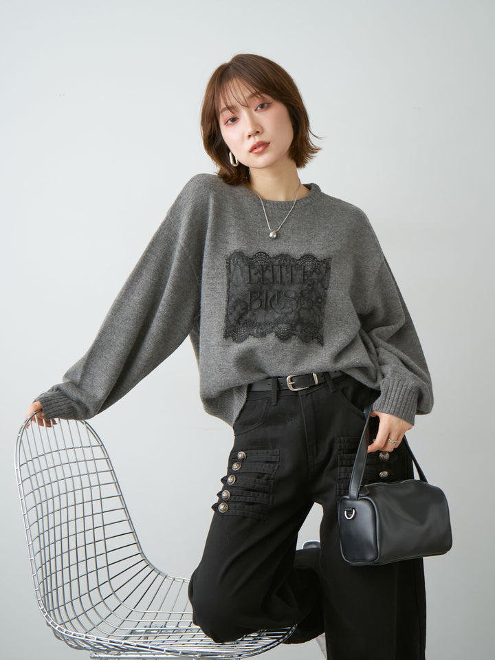 [SET]アルパカタッチ刺繍レースロゴニットプルオーバー+選べるアクセセット(2set)
