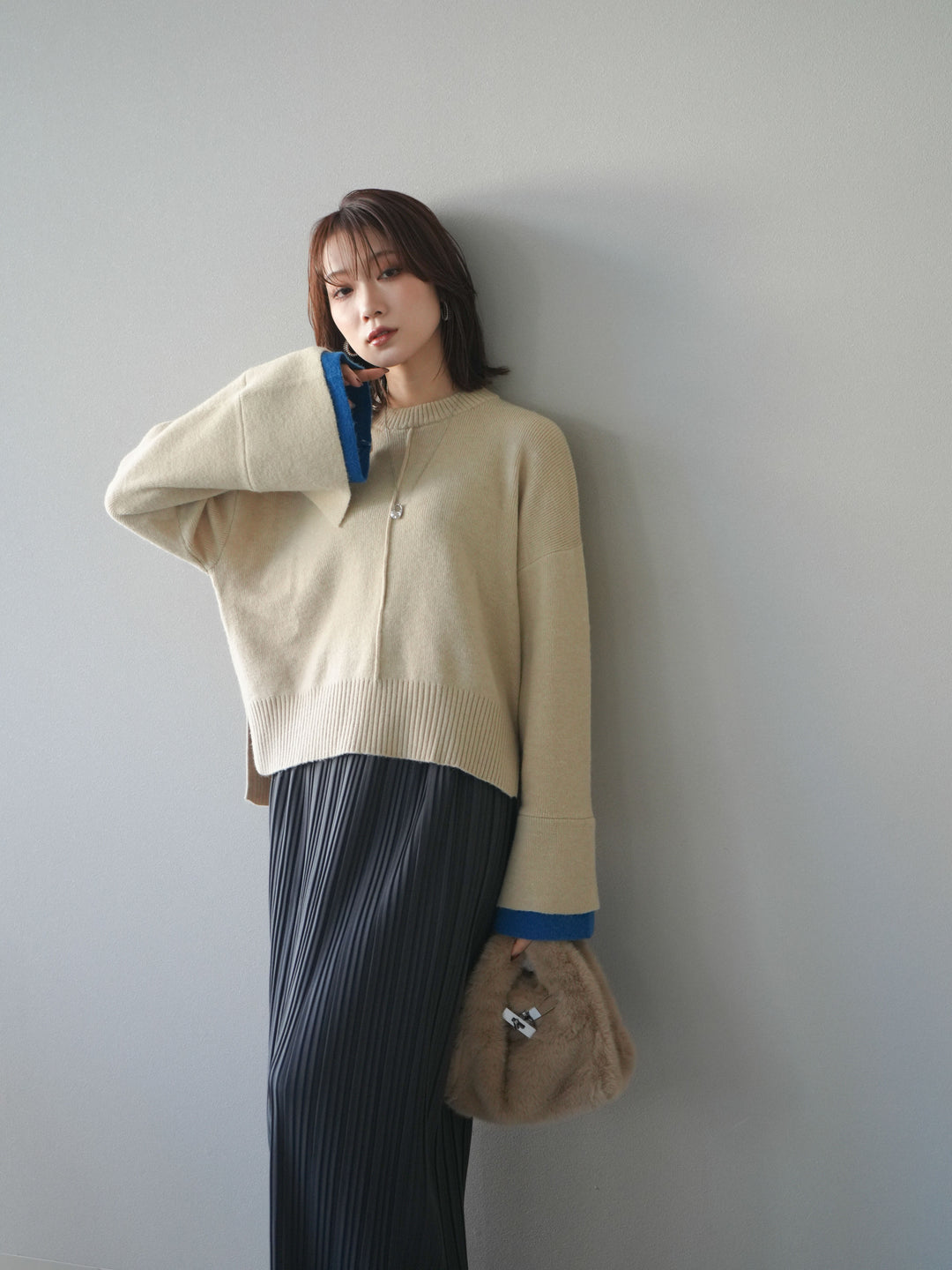 [SET]袖レイヤード配色ニットプルオーバー+プリーツIラインスカート(2set)