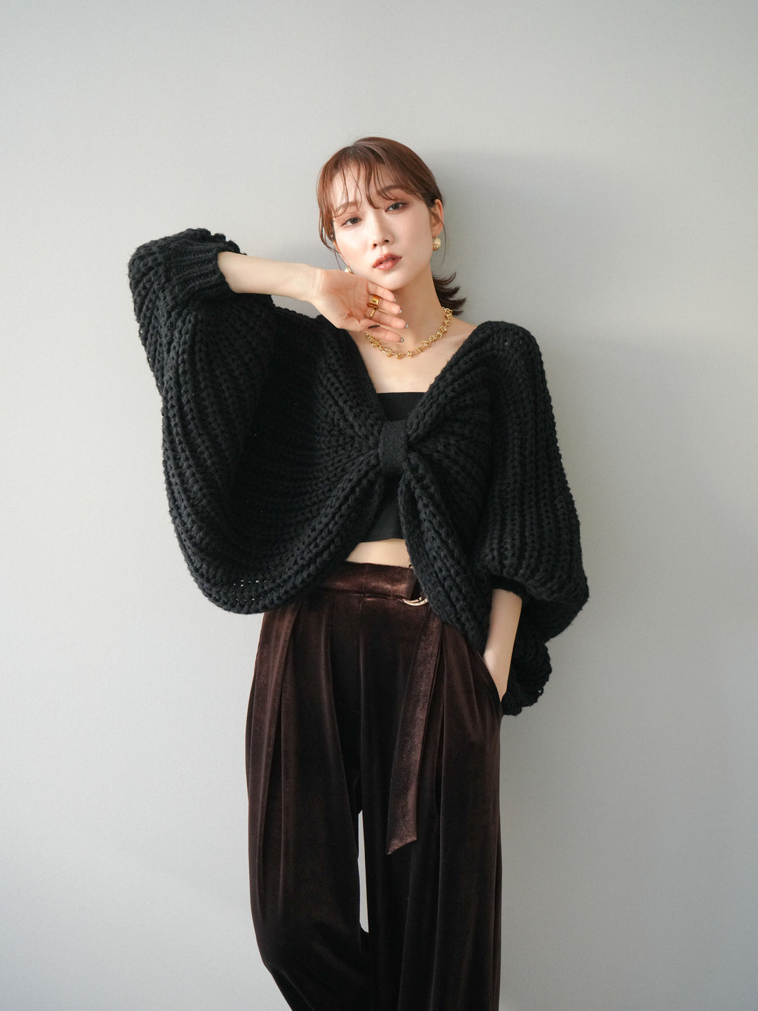 [SET]ローゲージ畦編みドルマンニットボレロ+選べるアクセセット(2set)