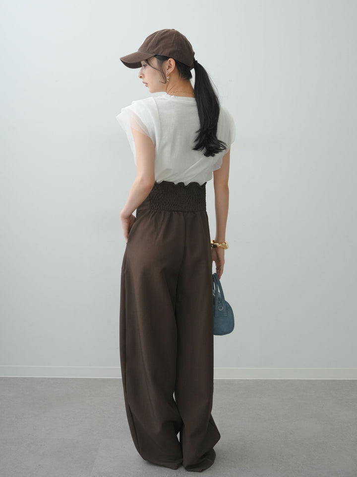 [SET]ショルダーチュールノースリTEE+ハイウエストカーブレッグパンツ(2set)