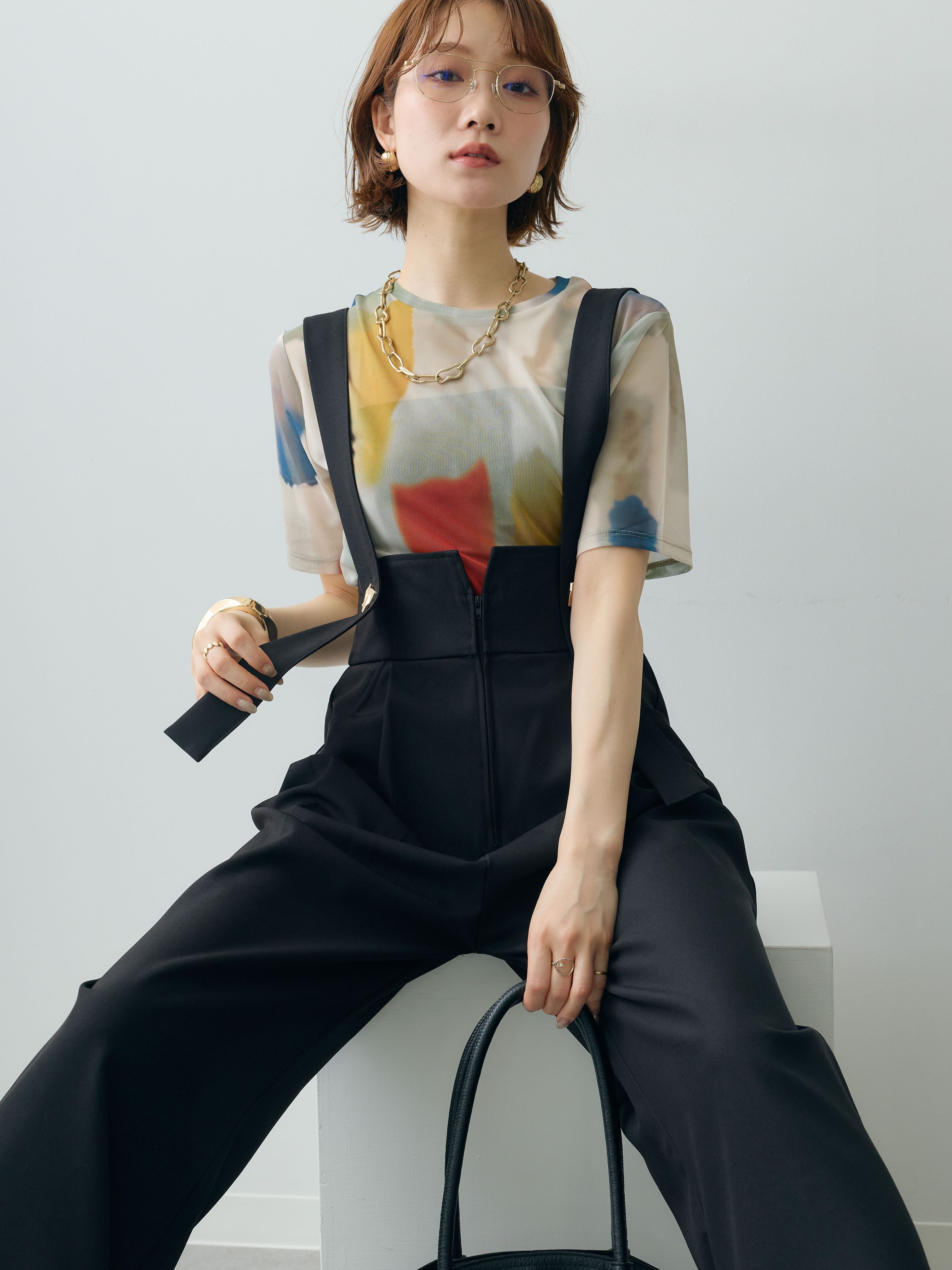 Y's✨シアーブラウス　水面柄　水彩　アシンメトリー　ドレープ　変形　半袖 予約]水彩柄メッシュシアー半袖プルオーバー/ivory – Lumier