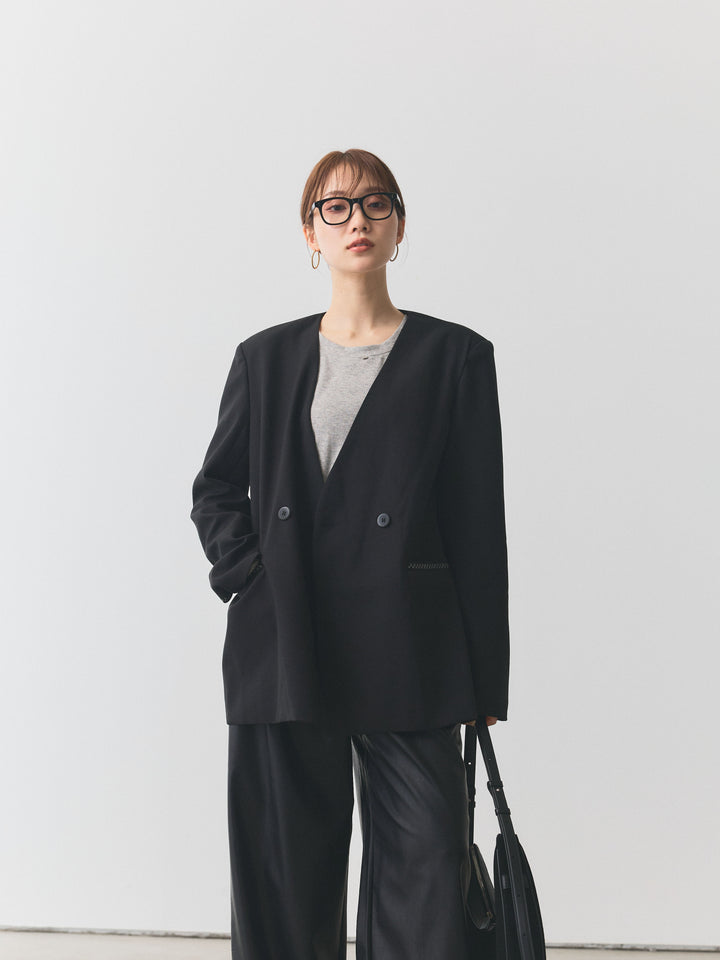 【Allure】[SET]モチーフ付Uネックシアーカットソー+ノーカラーステッチデザインジャケット(2set)