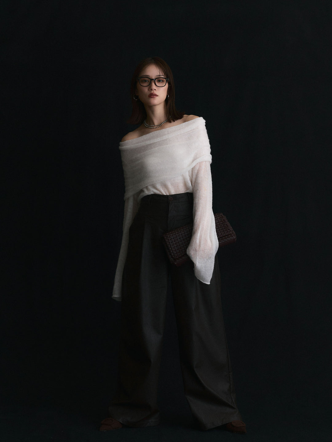 【Allure】[SET]オフショルシアーニットプルオーバー+レザータックセミワイドパンツ(2set)