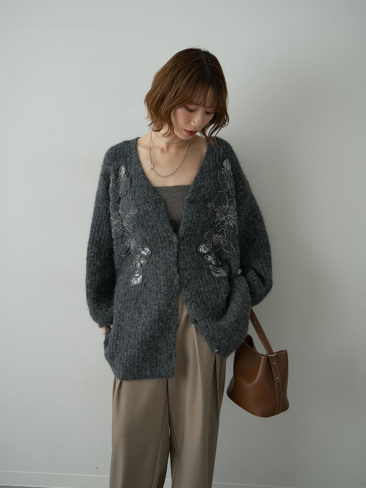 [SET]フローラルビーズニットロングカーディガン+ツイルタックワイドパンツ(2set)