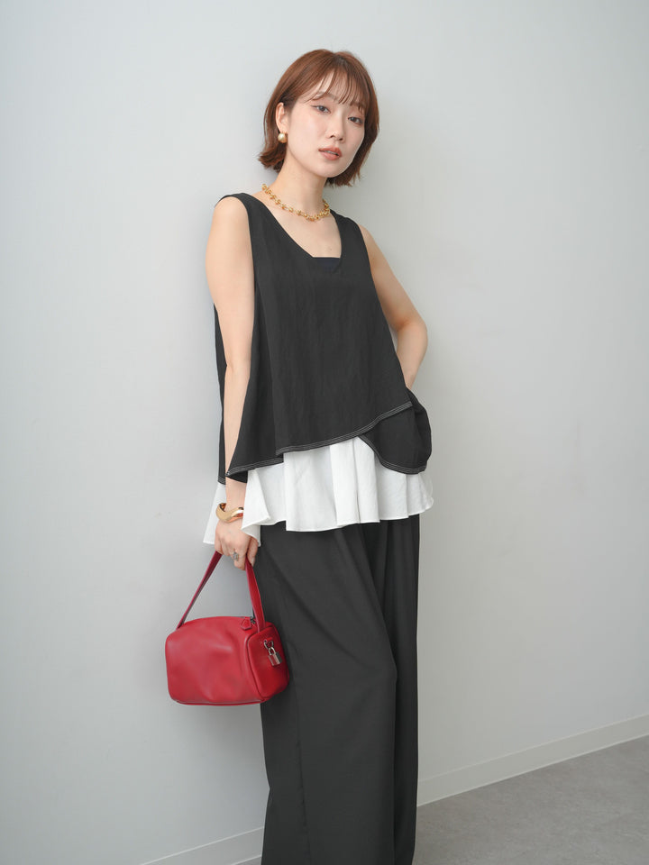 [予約]アシメフリルドッキングステッチノースリブラウス/black
