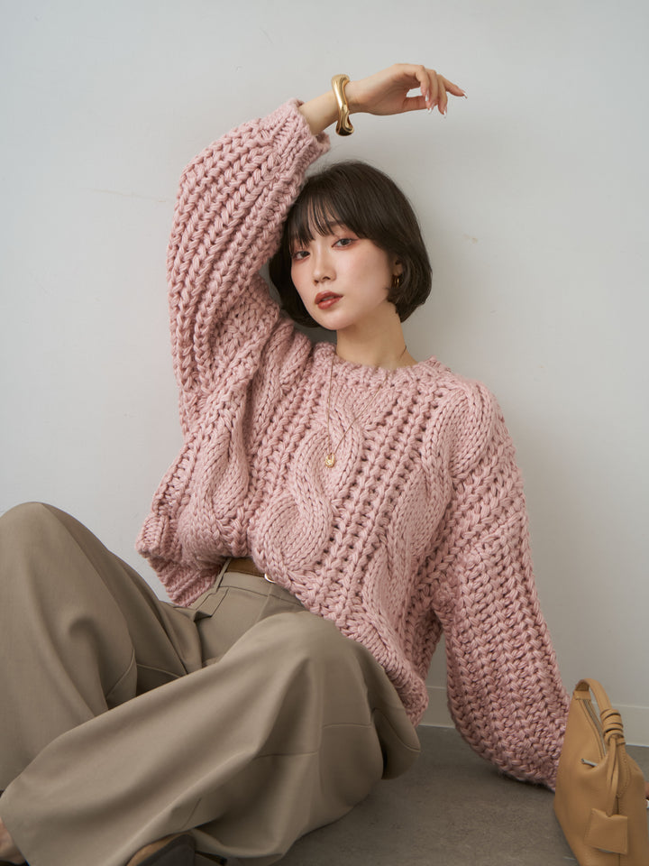 [SET]ボリュームケーブルニットプルオーバー+ツイルタックワイドパンツ(2set)