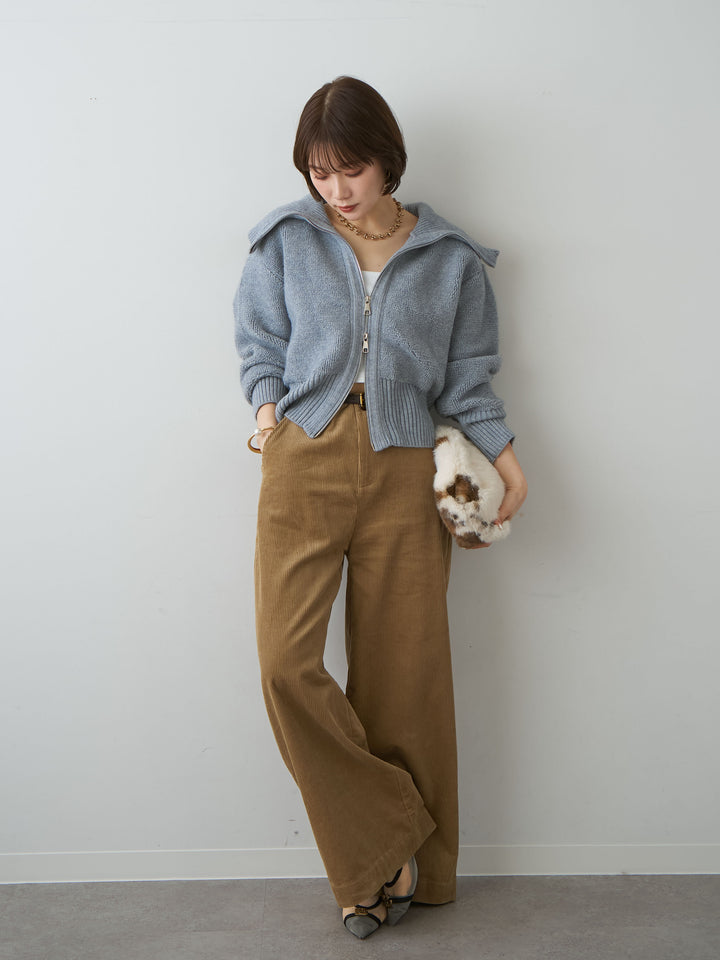 [SET]リブカラー圧縮ブークレニットブルゾン+ベルト付コーディロイワイドストレートパンツ(2set)