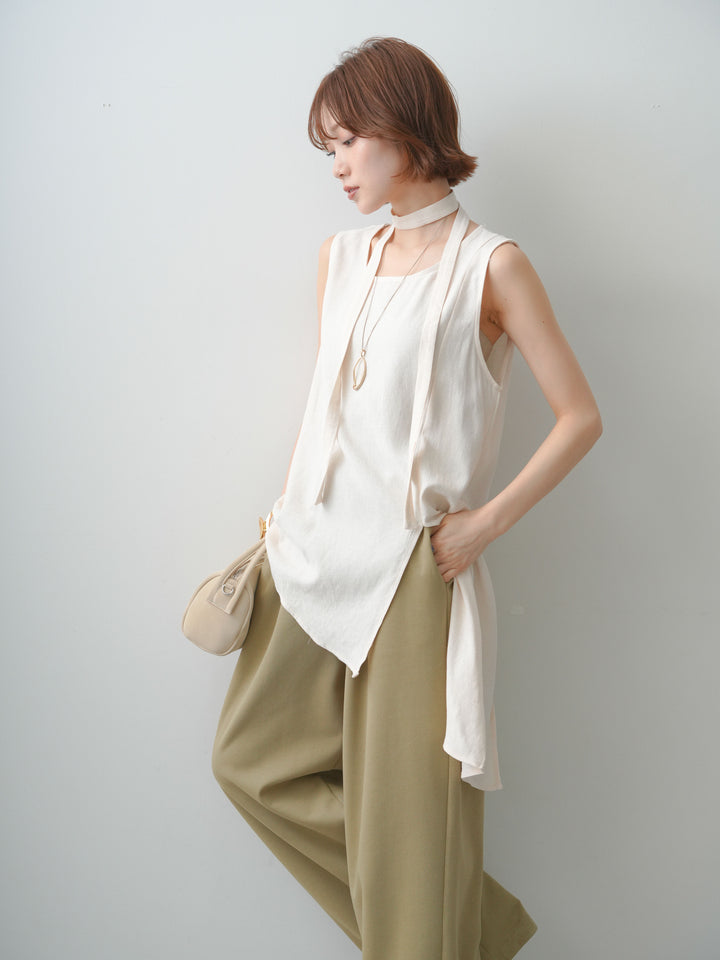 [SET]タイ付アシメヘムノースリトップス+リラックスドレープスウェットパンツ(2set)