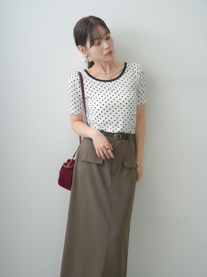 [SET]前後2wayドットバイカラーパイピングTEE+クレープデシンフラップ付きストレートスカート(2set)