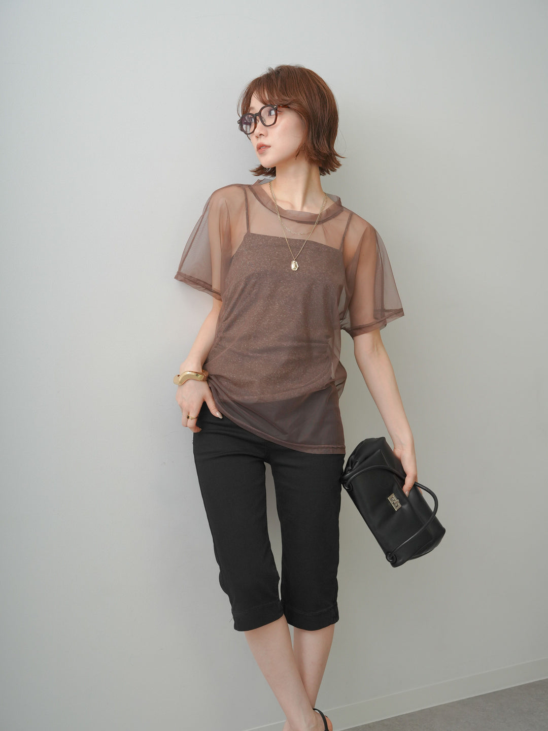 [予約]インナーキャミ付シアーオーバーTEE/mocha