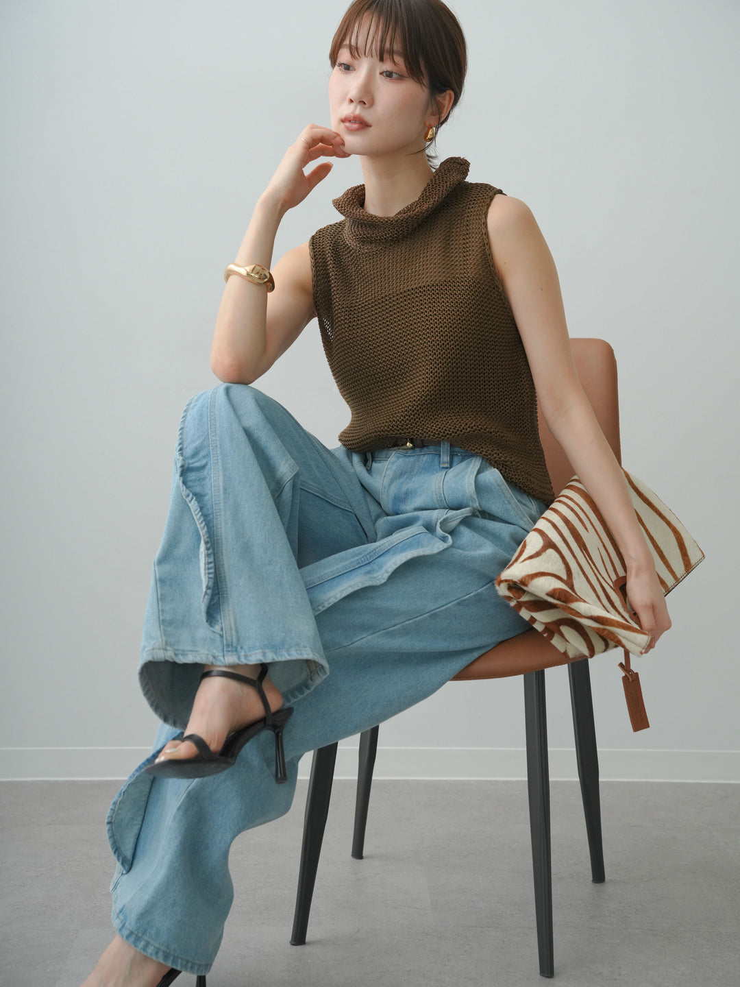 [予約]ドライタッチオフタートルメッシュニットトップス/brown