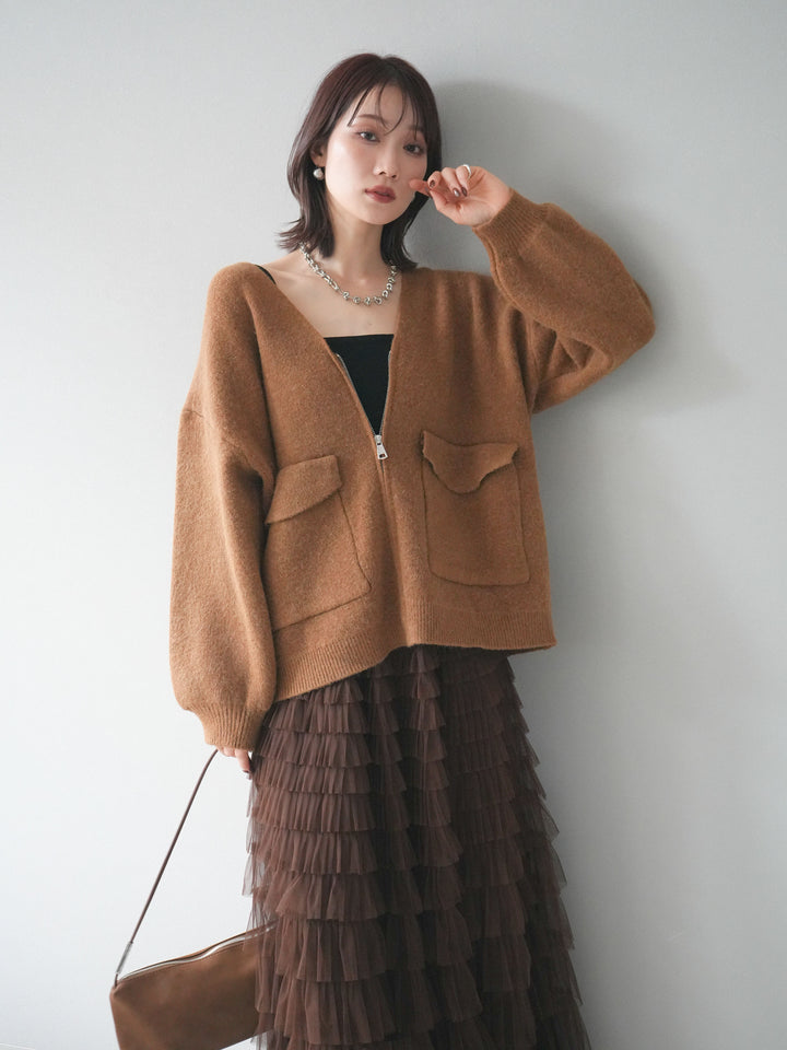 [預訂] 大口袋拉鍊針織開襟衫/駝色