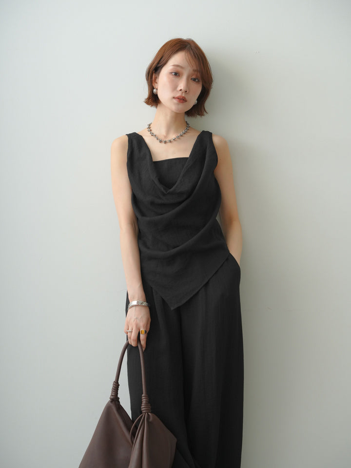 [予約]リネンライクドレープレイヤードデザインノースリトップス/black