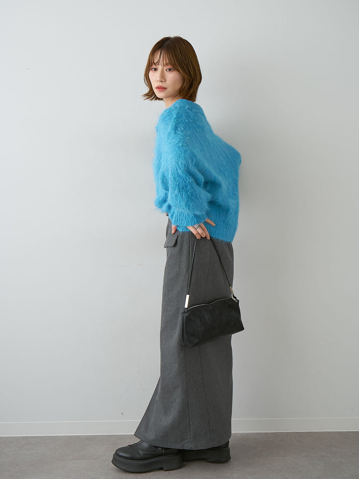 [SET]ヘンリーシャギーニットトップス+メルトンフラップ付ストレートスカート(2set)