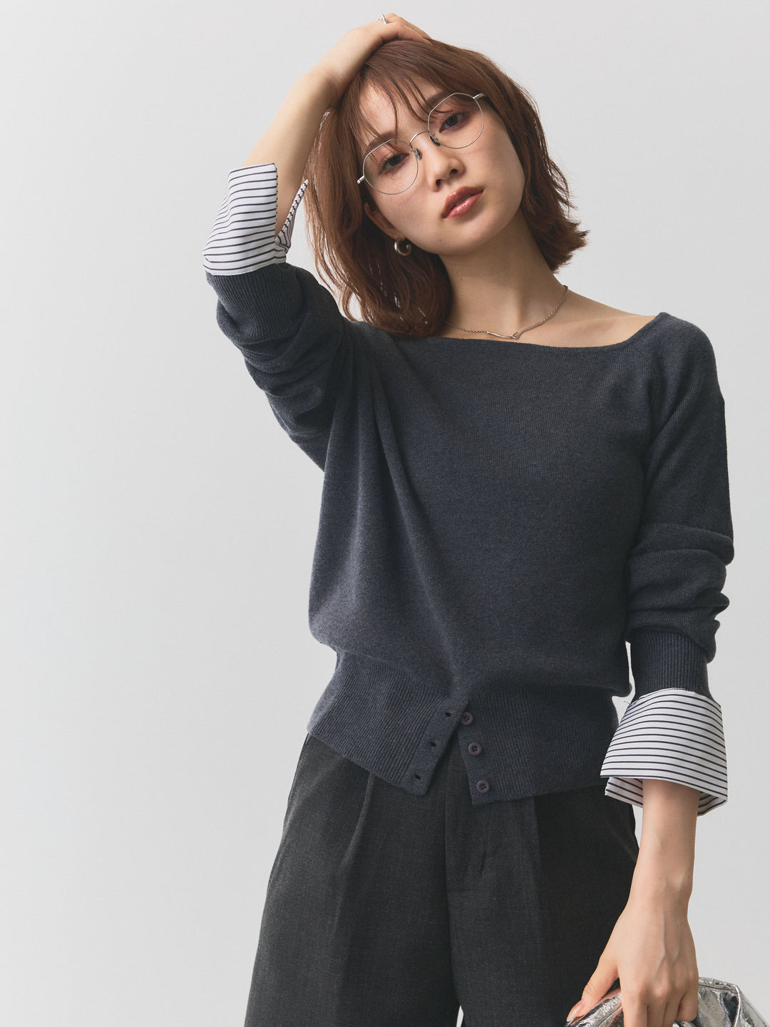 【Allure】[SET]シャツカフスフロントスリットニットプルオーバー+ノーカラーステッチデザインジャケット(2set)