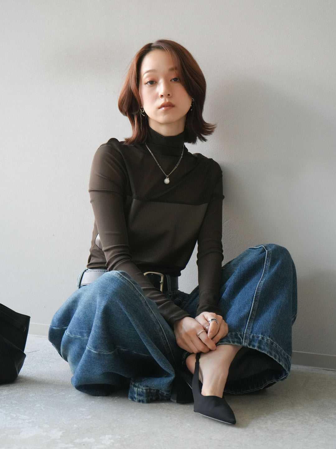 [予約]レザー切替プチネックシアートップス/khaki