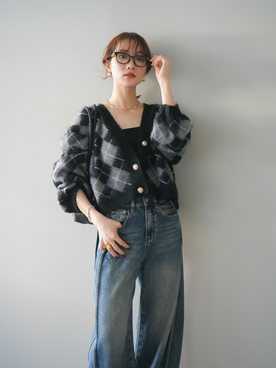 [予約]アーガイルシャギーニットカーディガン/gray