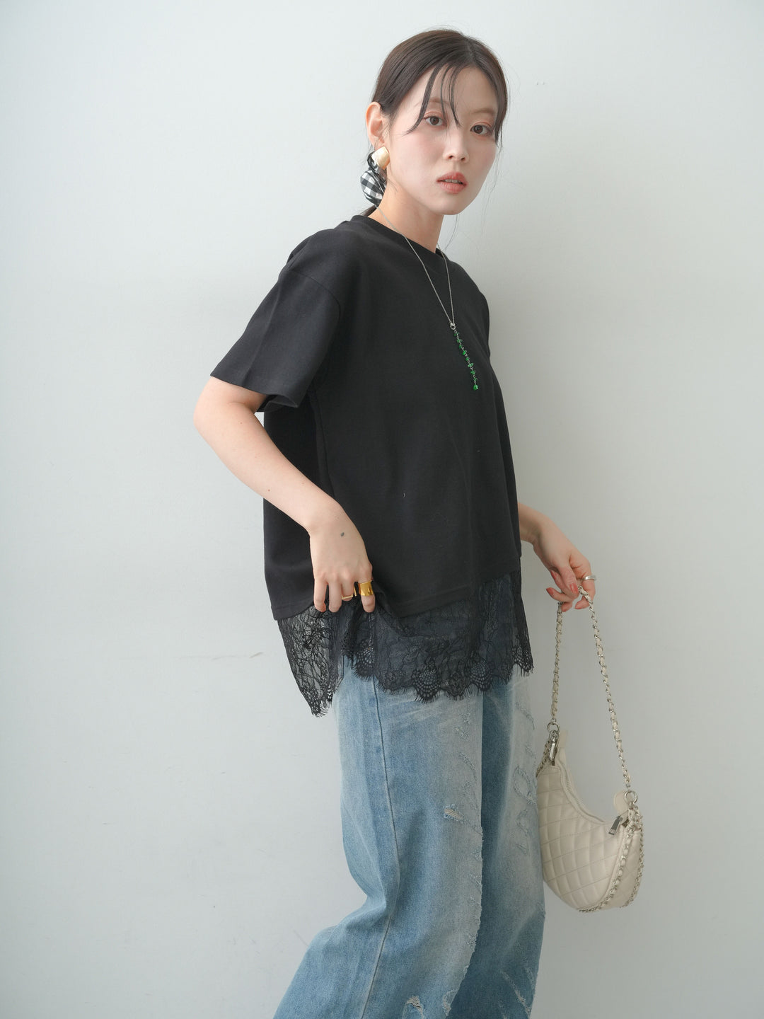 [SET]アシメレースヘムワイドTEE+グラフィックスクラッチワイドデニム(2set)