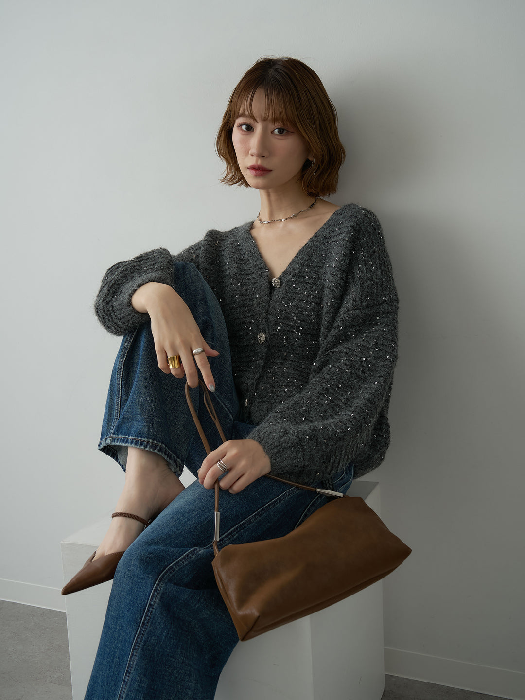 [SET]スパンコールデザインボタンカーディガン+選べるアクセセット(2set)