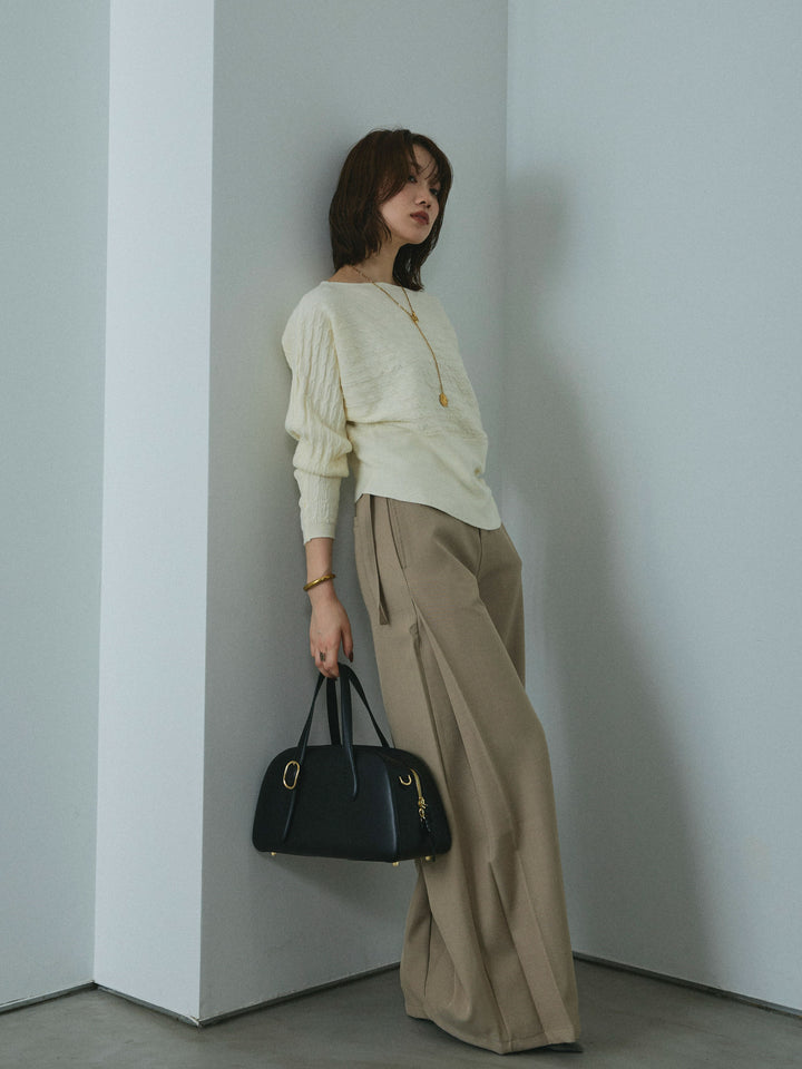 【Allure】[SET]ワンショルケーブル編みニット+サイドタックワイドパンツ(2set)