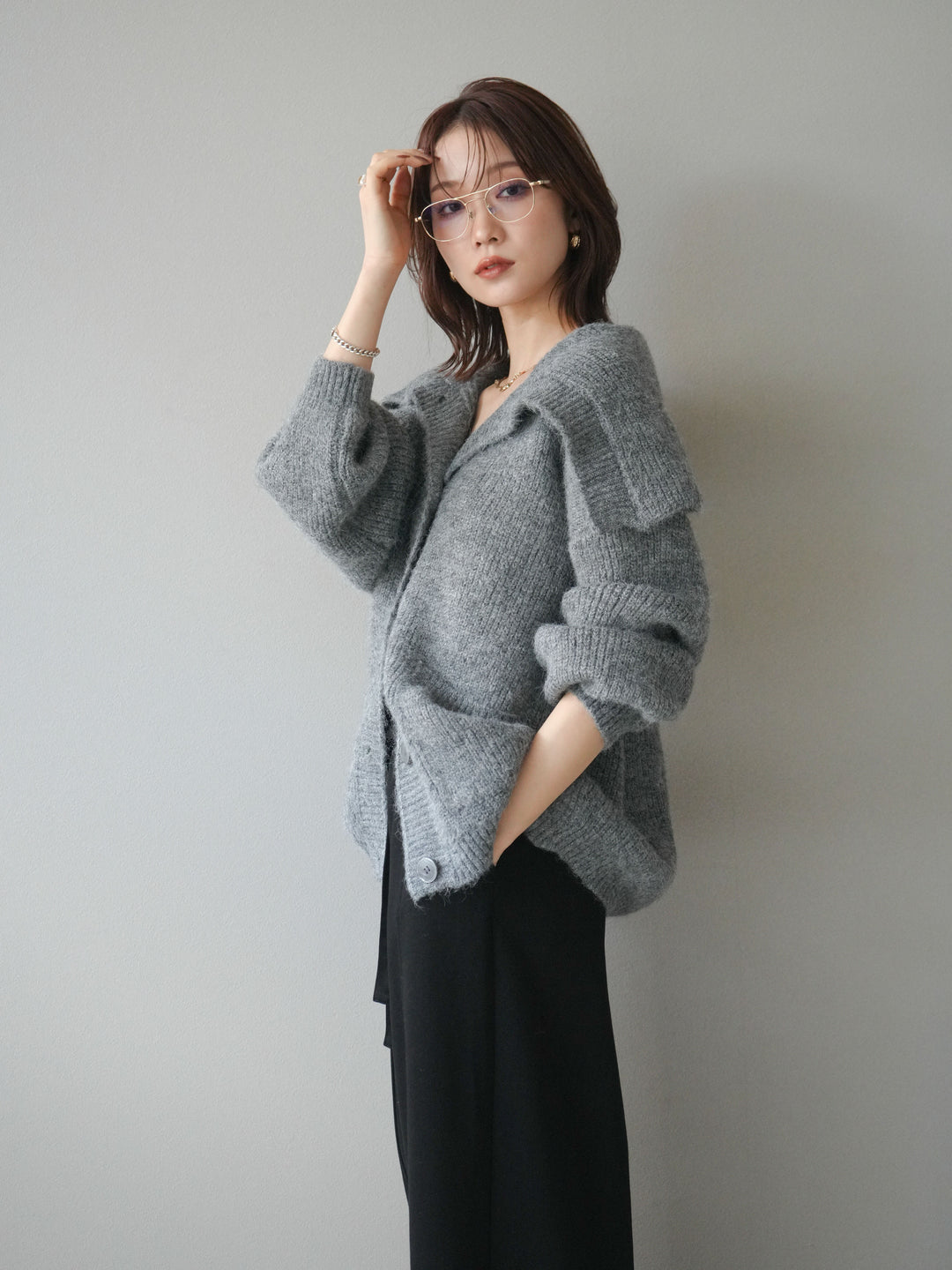 [予約]襟付きボタンオーバーニットカーディガン/gray