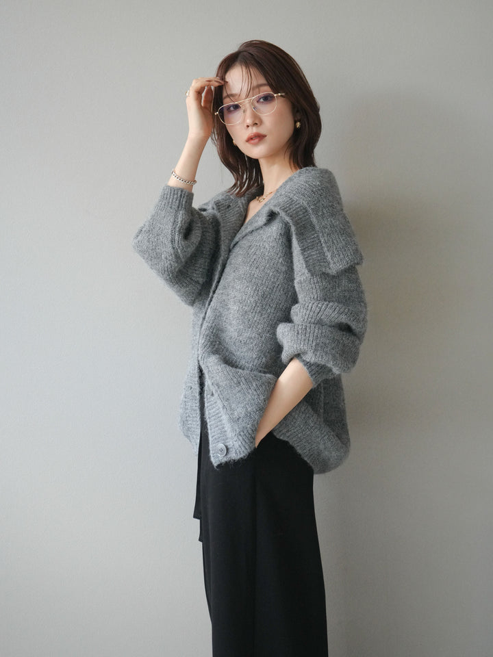 [予約]襟付きボタンオーバーニットカーディガン/gray
