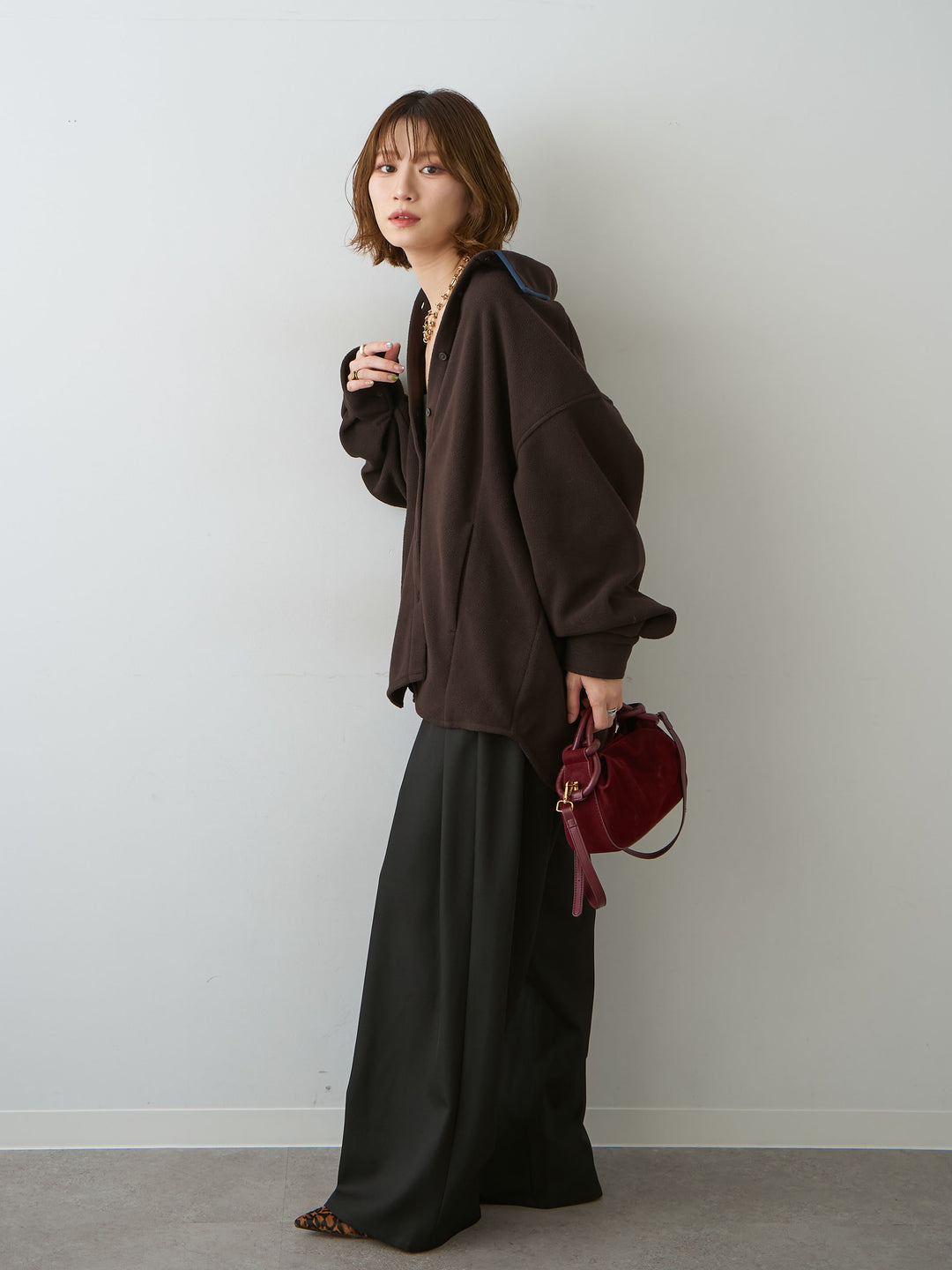 [SET]フリースパイピングシャツ+ツイルタックワイドパンツ(2set)