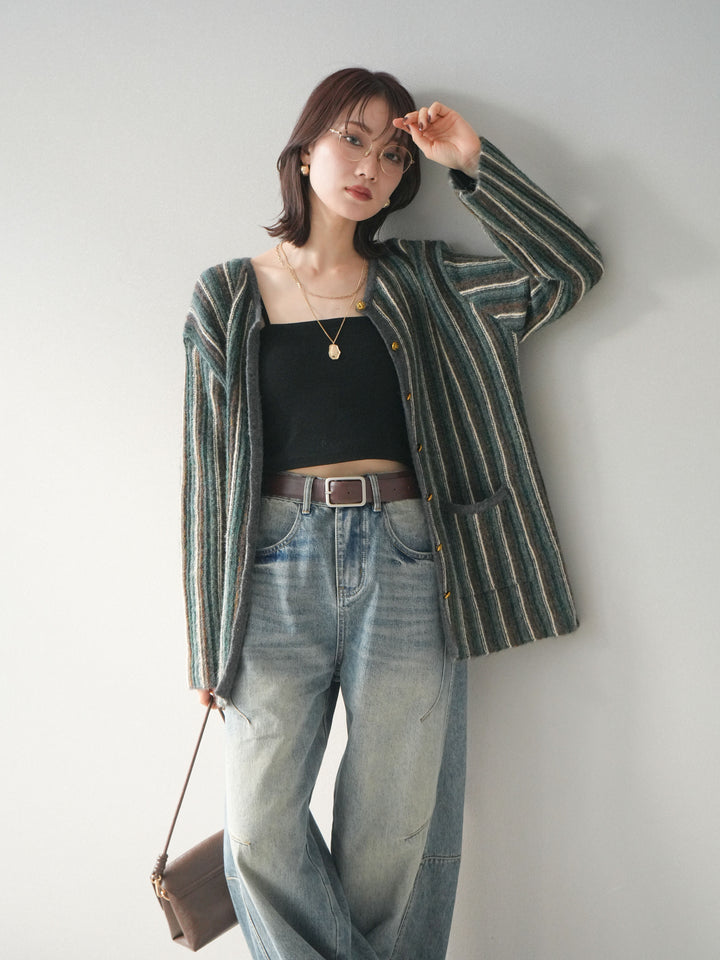 [予約]アンティークボタンストライプニットカーディガン/charcoal