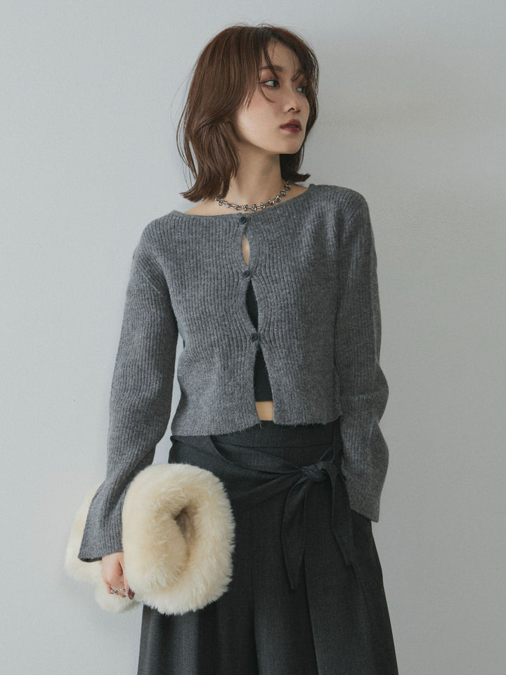 [予約]デザインショートニットカーディガン/charcoal