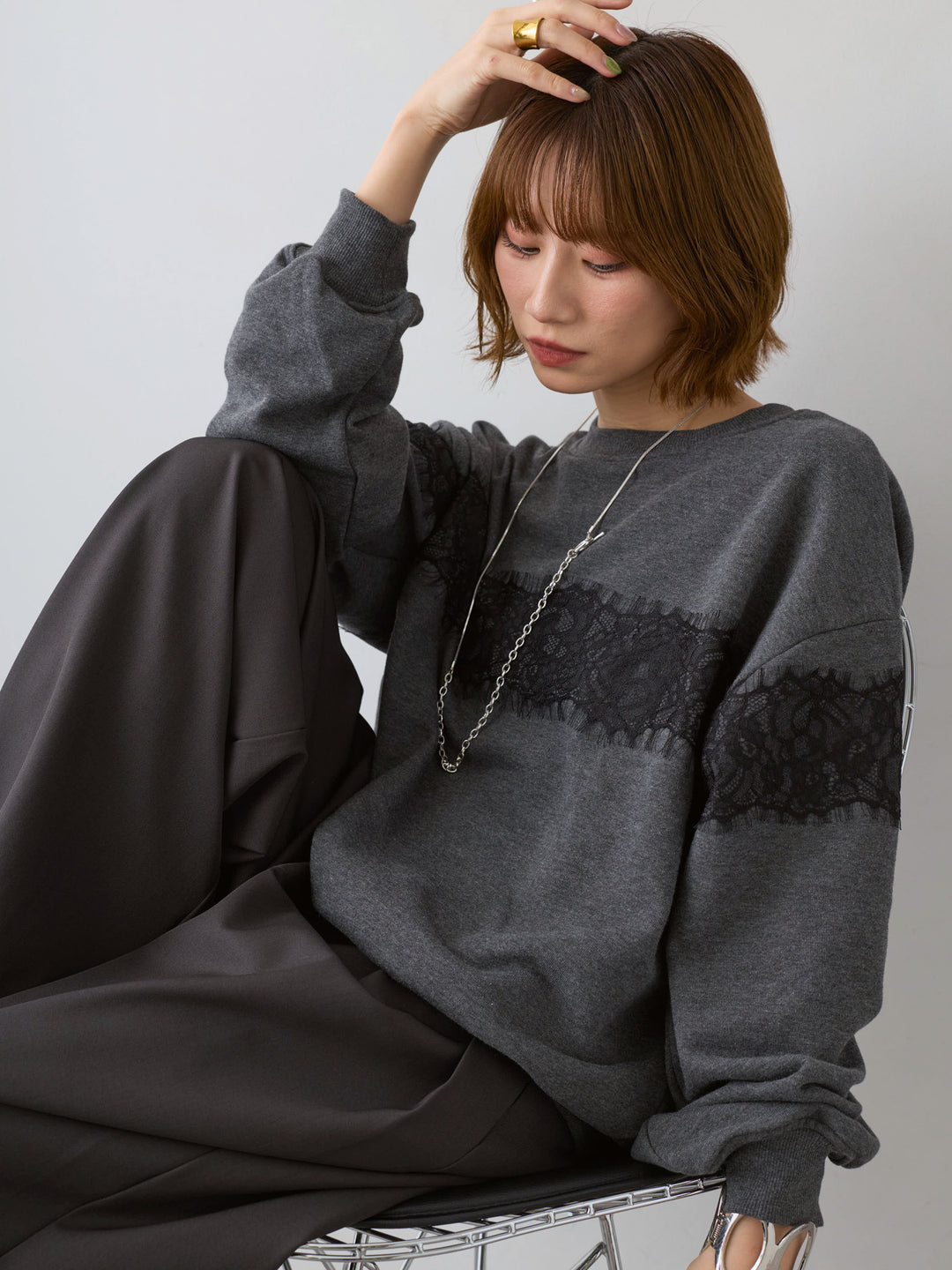 [SET]裏毛レースドッキングプルオーバー+ツイルタックワイドパンツ(2set)