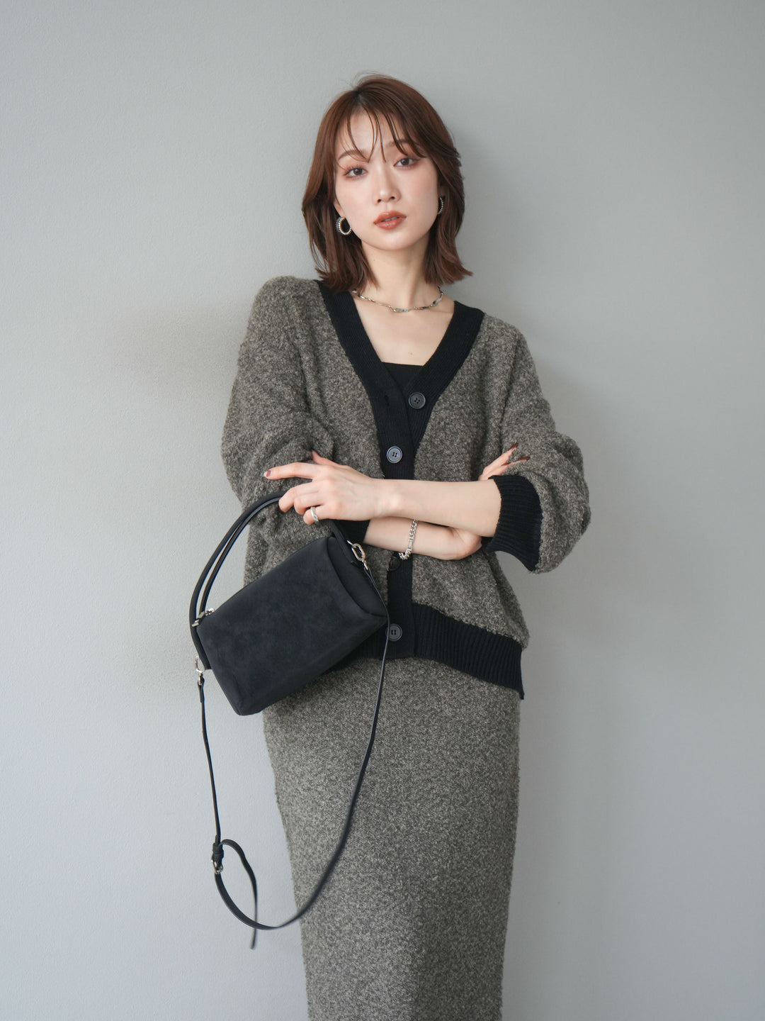 [SET]ブークレバイカラーニットカーディガン+ブークレバイカラータイトニットスカート(2set)