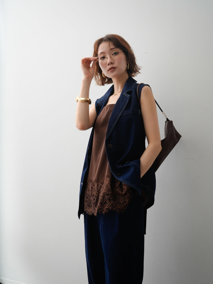 【套裝】牛仔修身背心和褶襉闊腿褲套裝（2套）+內置羅紋抹胸吊帶衫+蕾絲邊吊帶衫（3套）
