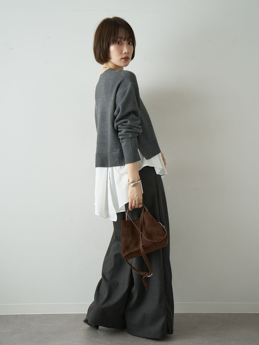 [SET]アシンメトリーシャツレイヤードニットプルオーバー+ダブルタックドレープストレートワイドパンツ(2set)