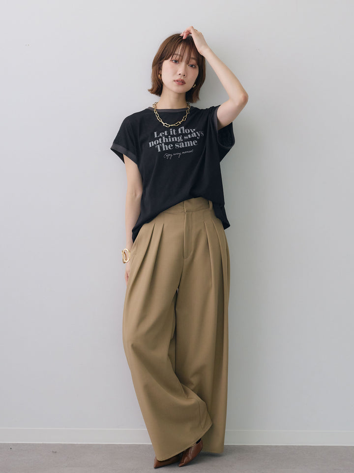 [SET]シアースラブバイカラーフレンチTEE+クレープデシンタックワイドパンツ(2set)