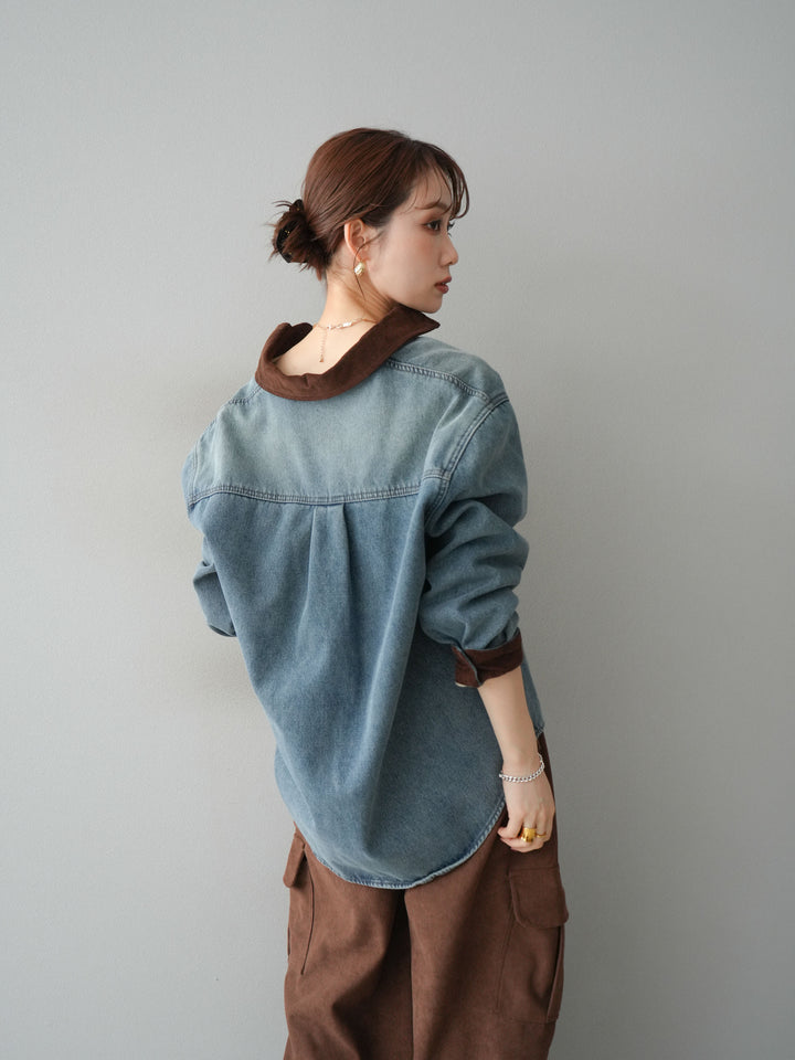 [予約]裏起毛コーデュロイ襟デニムシャツジャケット/ blue