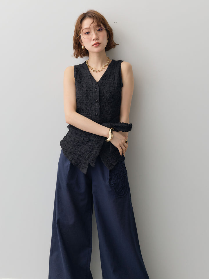 [予約]シャーリングウエストリボンVネックトップス/black