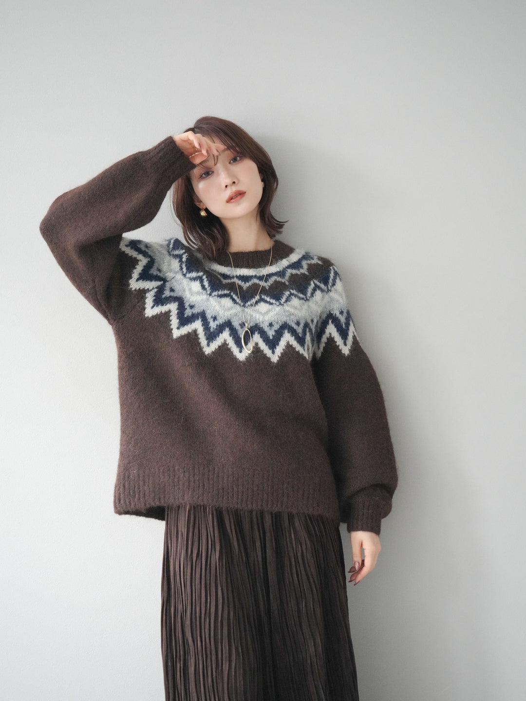 [SET]求心柄オーバーニットプルオーバー+スエードワッシャープリーツスカート(2set)