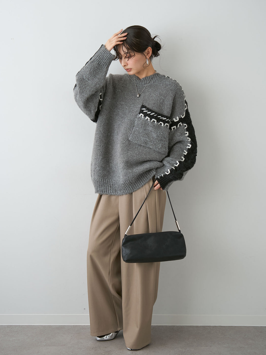 [SET]ハンドステッチデザインニットトップス+ツイルタックワイドパンツ(2set)