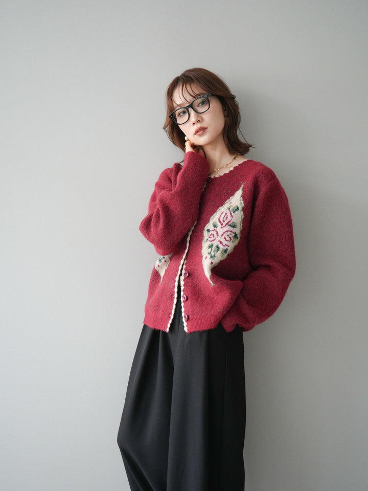 [予約]アンティークフラワージャガードニットカーディガン/red