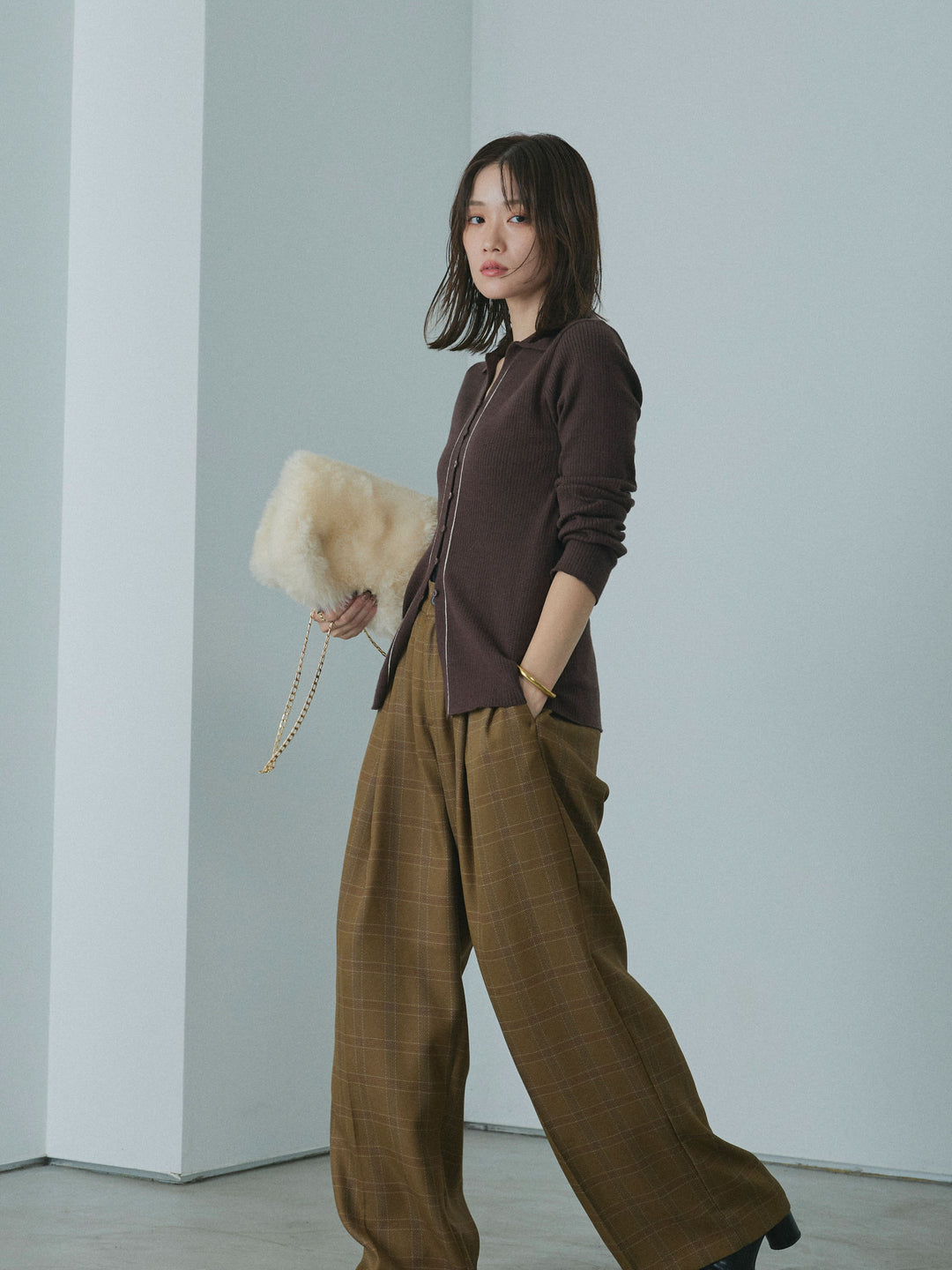 【Allure】[SET]リブ配色ラインポロニットカーディガン+杢チェックタックパンツ(2set)